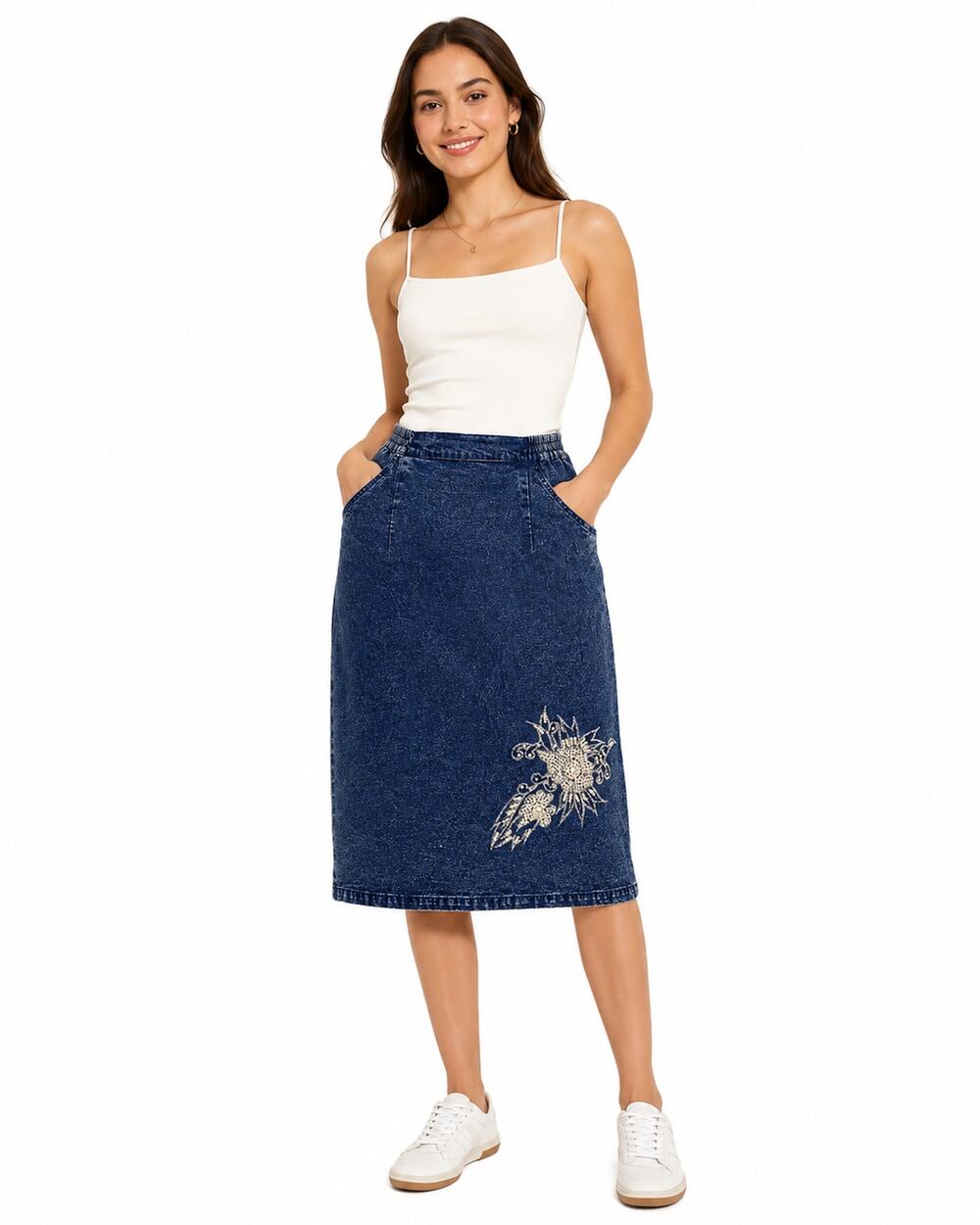 80s Acid Wash Denim Pencil Skirt Faux Pearl Applique High Waist S M